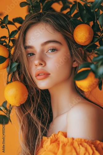 A model poses with oranges intricately placed in her hair, against a vivid orange background for contrast. photo