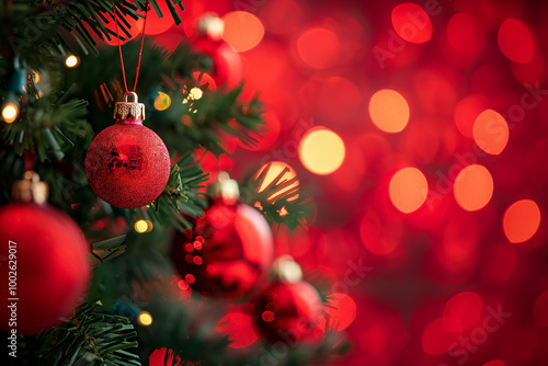 Red Christmas baubles hanging on a green Christmas tree with blurred bokeh red lights in the background, traditional holiday festive decoration photo