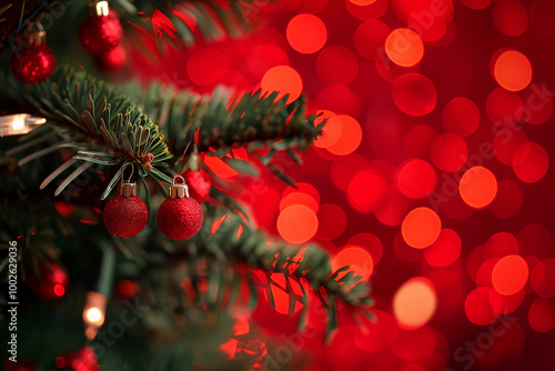 Red Christmas baubles hanging on a green Christmas tree with blurred bokeh red lights in the background, traditional holiday festive decoration photo