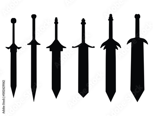 Collection of silhouettes of different medieval and fantasy swords Element Vector 
