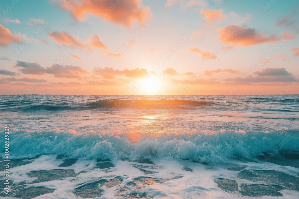 Ocean waves crash gently as the colorful sunset paints the horizon with tranquility. Ocean waves crash gently as the colorful sunset paints the horizon with tranquility.