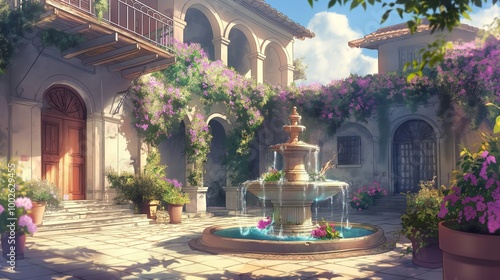 peaceful anime theme of the nice weather day with the fountain