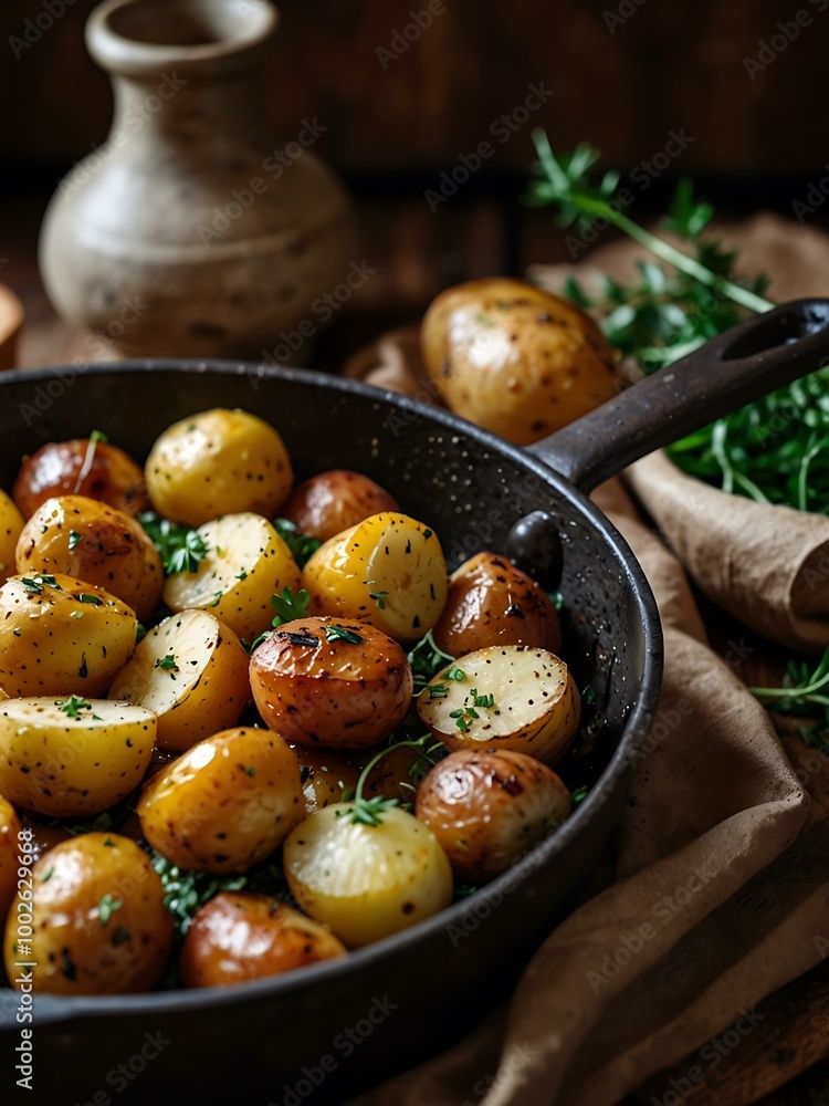 Roasted potatoes with garlic and herbs in a vintage pan. Roasted potatoes with garlic and herbs in a vintage pan.