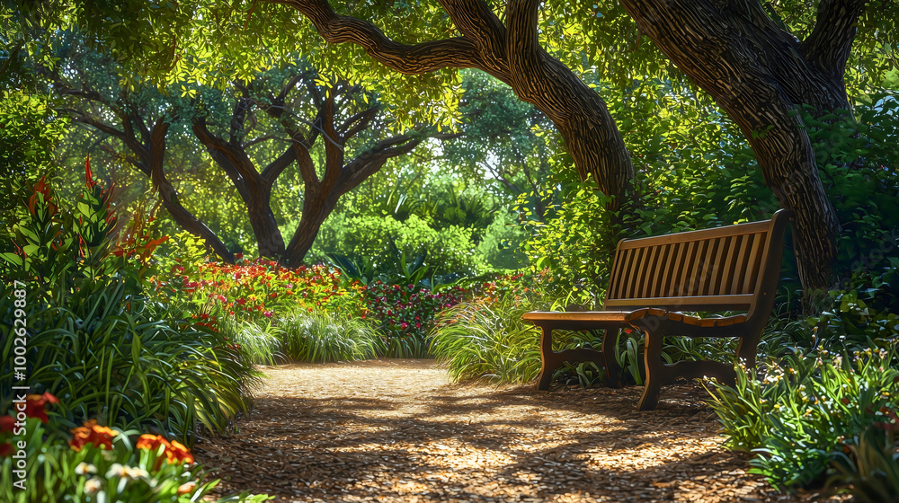 Ancient park bench designed for relaxation and rest, surrounded by a beautiful oasis filled with life, featuring diverse trees and flowers in a city park. Ancient park bench designed for relaxation and rest, surrounded by a beautiful oasis filled with life, featuring diverse trees and flowers in a city park.