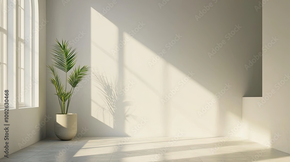 A minimalist empty room featuring natural sunlight reflections on the white walls and tiled floor, creating a serene, open atmosphere A minimalist empty room featuring natural sunlight reflections on the white walls and tiled floor, creating a serene, open atmosphere