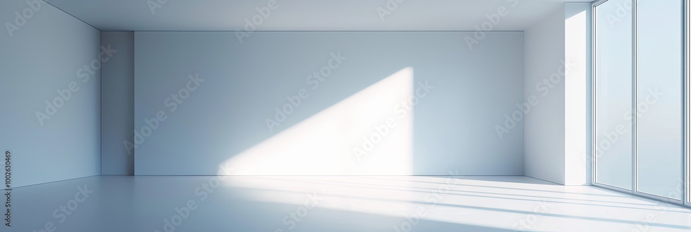 A minimalist empty room featuring natural sunlight reflections on the white walls and tiled floor, creating a serene, open atmosphere A minimalist empty room featuring natural sunlight reflections on the white walls and tiled floor, creating a serene, open atmosphere
