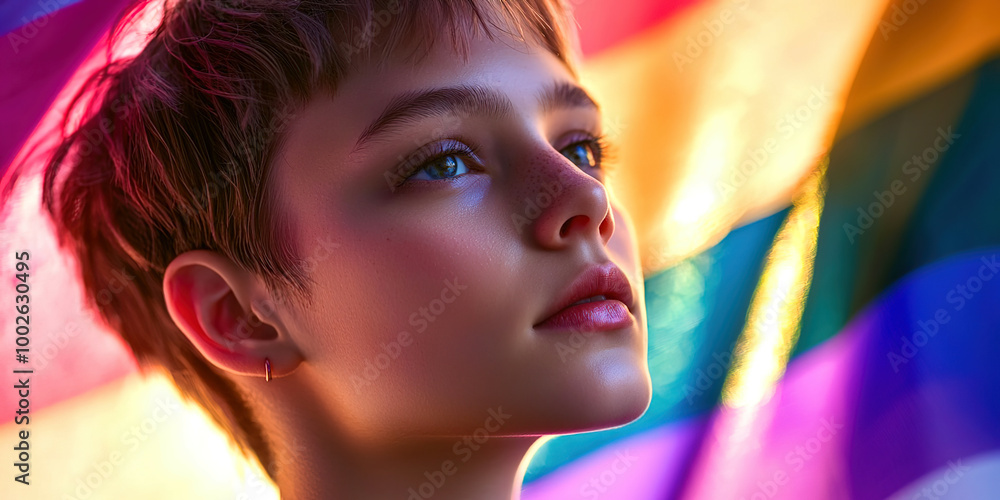Obraz premium A young woman with short hair and a rainbow flag behind her