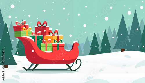 Wallpaper Mural Red sleigh with Christmas gifts in snowy winter landscape and evergreen background 
 Torontodigital.ca