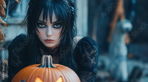 Dark Gothic Halloween Aesthetic with Pumpkins and Mysterious Girl