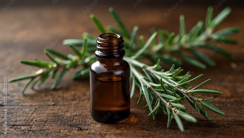 Rosemary essential oil bottle with fresh sprigs. Rosemary essential oil bottle with fresh sprigs.