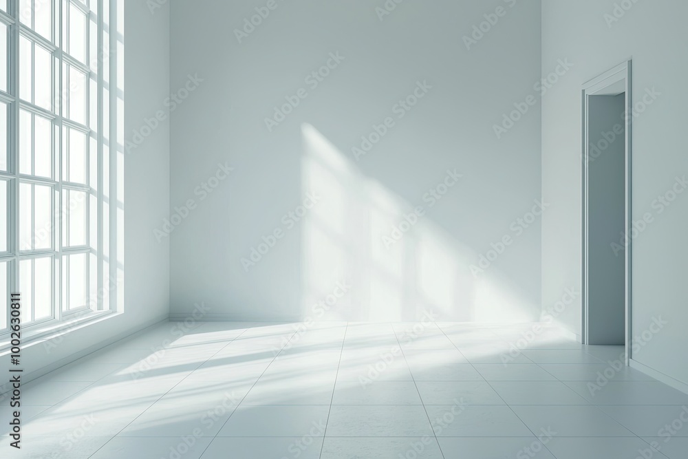 A minimalist empty room featuring natural sunlight reflections on the white walls and tiled floor, creating a serene, open atmosphere A minimalist empty room featuring natural sunlight reflections on the white walls and tiled floor, creating a serene, open atmosphere