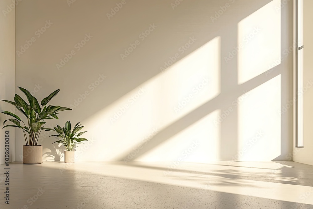 A minimalist empty room featuring natural sunlight reflections on the white walls and tiled floor, creating a serene, open atmosphere A minimalist empty room featuring natural sunlight reflections on the white walls and tiled floor, creating a serene, open atmosphere