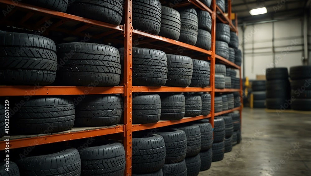 Rows of tires stacked on metal shelves in a warehouse. Rows of tires stacked on metal shelves in a warehouse.
