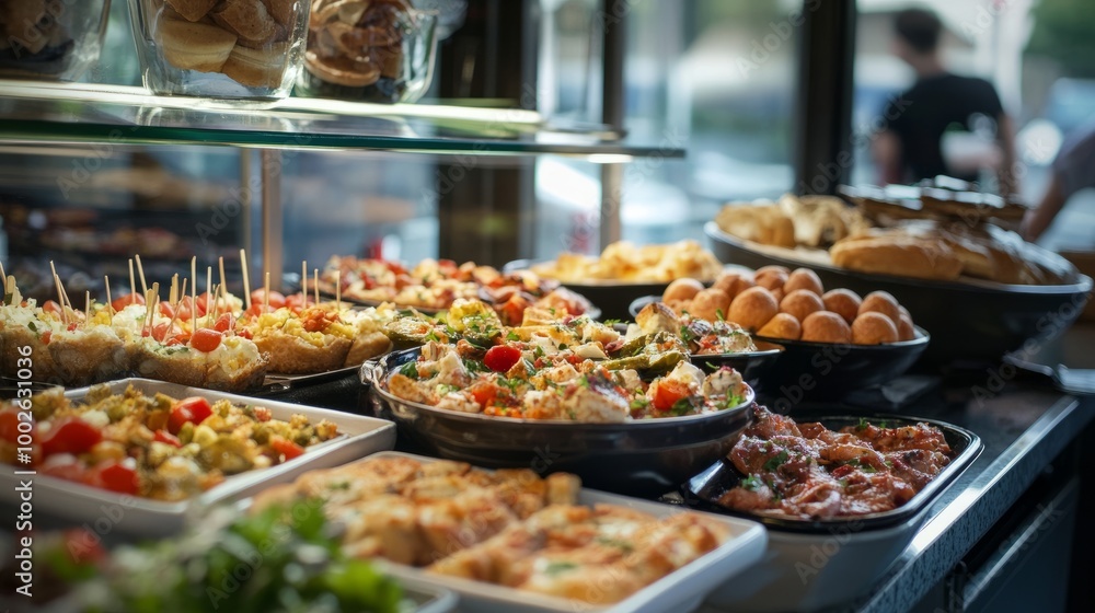Various tapas served at a tapas bar, high-angle shot, with clear windows creating an open and airy feel. Various tapas served at a tapas bar, high-angle shot, with clear windows creating an open and airy feel.