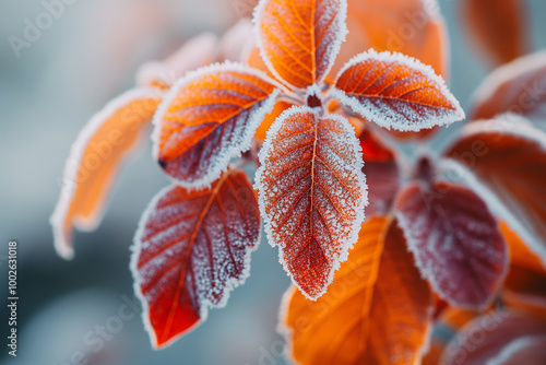 Close-up of red autumn leaves covered in frost, capturing the delicate beauty of nature during a cold winter morning in a macro shot photo