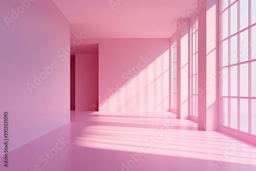 A minimalist empty room featuring natural sunlight reflections on the white walls and tiled floor  creating a serene  open atmosphere