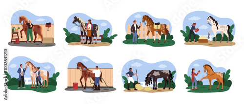 Horse care. Domestic animals farm. People riding equestrian. Horseback sport. Stableman feeding and washing stallions. Pony pet training. Equine grooming and treatment. Equestrianism vector tidy set