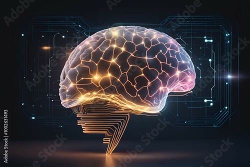 Futuristic Digital Rpbot Brain with Neon Circuits and Technology	 photo