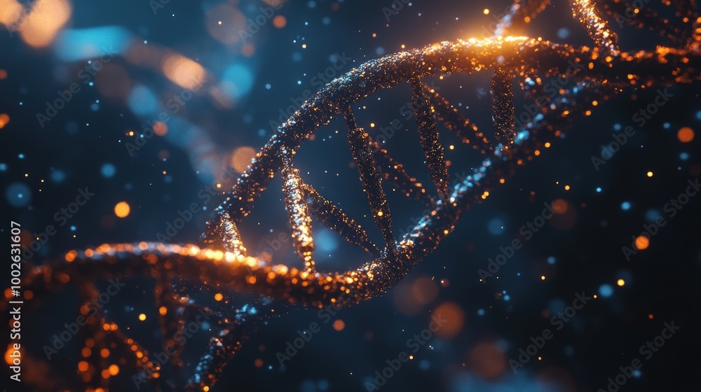 Glowing DNA Double Helix with Sparkling Particles Glowing DNA Double Helix with Sparkling Particles