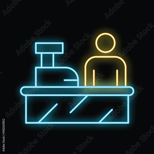 Glowing neon line cashier at supermarket checkout counter icon isolated on black background. Vector illustration