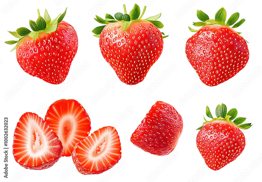 Fresh whole strawberries and vibrant sliced pieces ready for a delicious treat Fresh whole strawberries and vibrant sliced pieces ready for a delicious treat