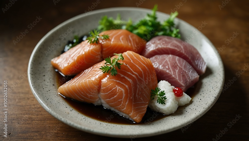 Sashimi of salmon, tuna, and mackerel with herbs, served with soy sauce. Sashimi of salmon, tuna, and mackerel with herbs, served with soy sauce.