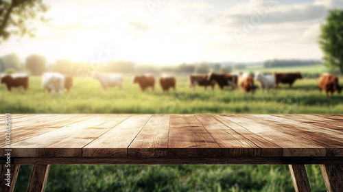 A rustic wooden table in the foreground with a blurred backdrop of cows grazing in a sunny, green pasture, creating a serene rural scene