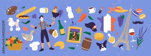 Travel in France. French culture. Sightseeing and traditional food. Eiffel Tower. Country map. Kisses in Paris. Mona Lisa. Baguette and croissant. Europe tourism elements set. Vector national clipart