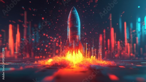 Futuristic Cityscape with Glowing Rocket Launch at Night photo