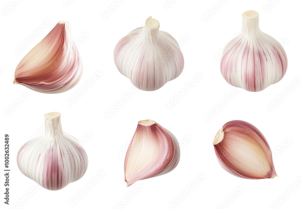 Vibrant garlic cloves in unique shapes on a bright white background Vibrant garlic cloves in unique shapes on a bright white background