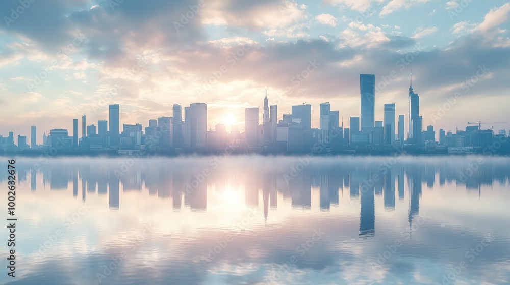 Fototapeta premium Minimal City Skyline with Reflection and Soft Colors