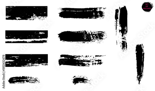 Textural brush strokes. A collection of black paint strokes created for the design, highlighted on a white background.