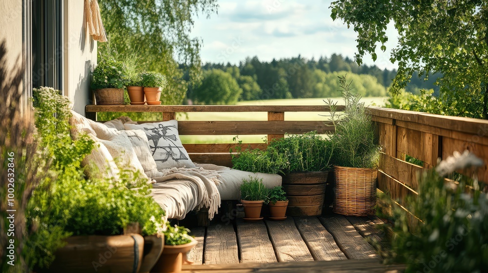 A rustic with wooden planks, soft cushions, and potted herbs overlooking a serene countryside landscape A rustic with wooden planks, soft cushions, and potted herbs overlooking a serene countryside landscape