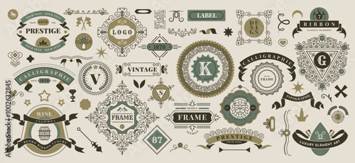 Frame ornament logo. Label element. Flourish design scroll ribbon. Banner shape. Floral decoration. Retro classic ornate. Text luxury old border. Classic calligraphic sign. Vector vintage icons set