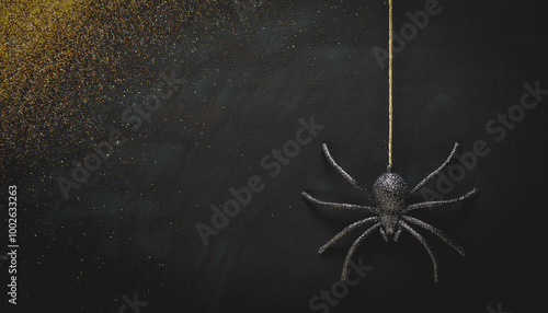 Hanging black glitter spider decoration for halloween, dark grunge gold glitter background, spooky, minimalist night scene, creepy insect suspended in air, space for text copy, festive holiday themes photo