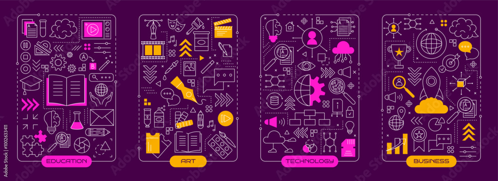 Fototapeta premium Technology creative line infographic. Digital icons. Business team. Startup project. Research strategy. Work communication. Graphic data diagram. Abstract education pictograms set. Vector garish art