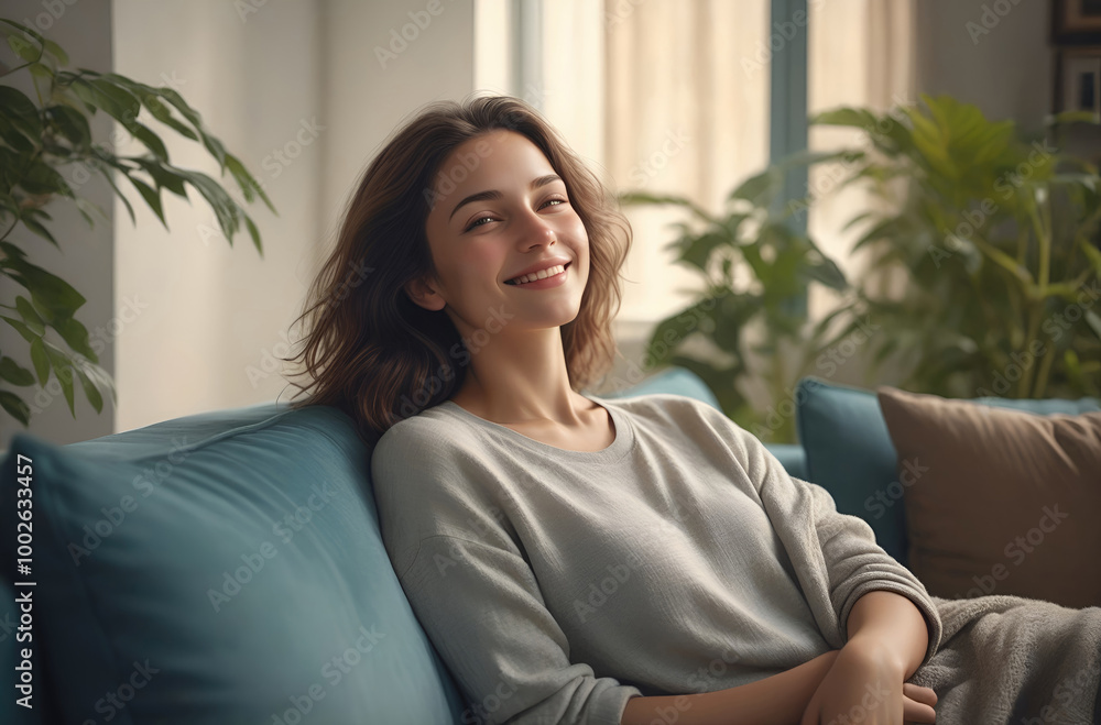 Happy woman relaxing on the sofa at home, Healthy life style Happy woman relaxing on the sofa at home, Healthy life style