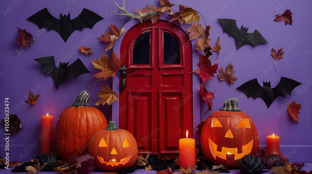 Obraz premium Halloween-themed doorway with red door, pumpkins, candles, leaves, and bat cutouts on purple background. Concept of Halloween
