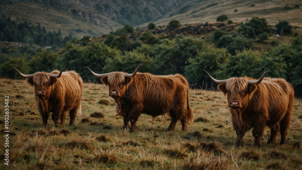 Scottish Highland cattle grazing. Scottish Highland cattle grazing.