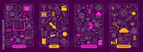 Technology creative line infographic. Digital icons. Business team. Startup project. Research strategy. Work communication. Graphic data diagram. Abstract education pictograms set. Vector garish art