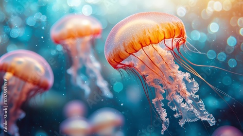 Bright Glowing Jellyfish Swimming in Vibrant Waters
