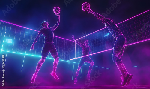 Dynamic Volleyball Action with Neon Lights and Abstract Geometric Patterns for Futuristic Sports Branding