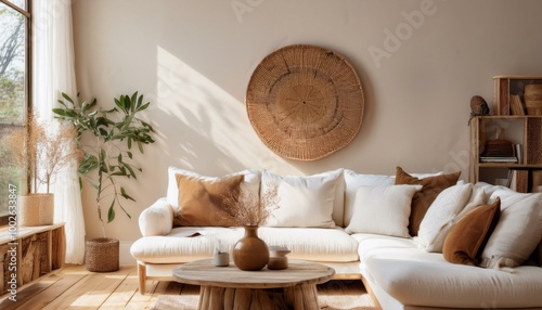 A stylish chalet-themed living room with a white sofa and cozy brown pillows, paired with a round wooden coffee table displaying a clay vase, set against an uncluttered background to highlight t