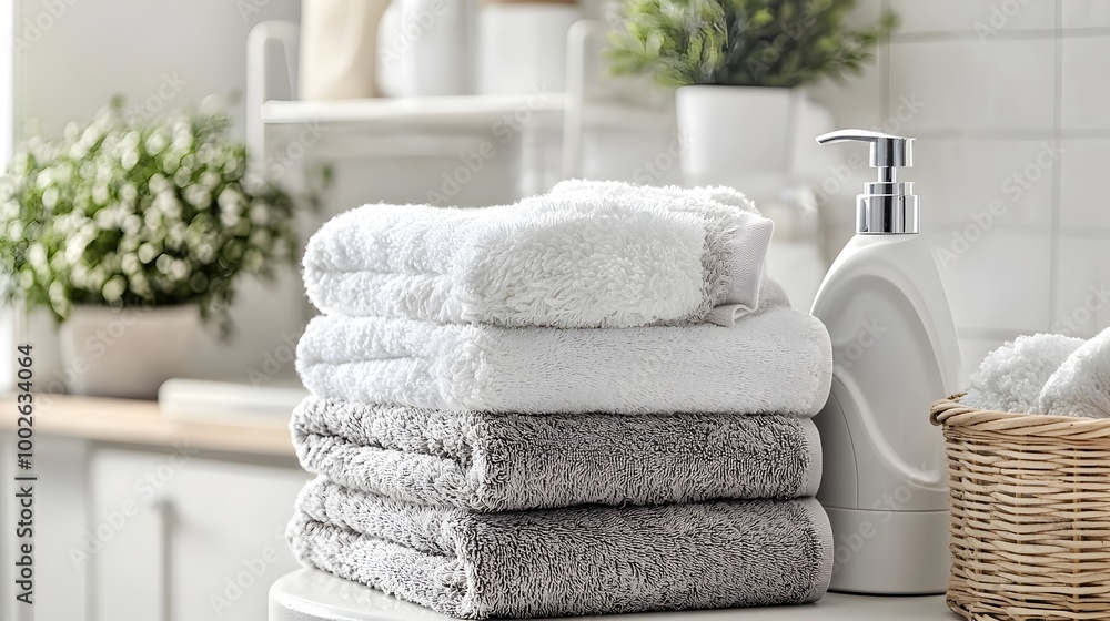 Stacked Plush Towels in Bathroom Decor Setting with Hygiene and Wellness Concept Stacked Plush Towels in Bathroom Decor Setting with Hygiene and Wellness Concept