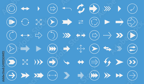 Icon arrow. Button sign. UI navigation interface. Cursor element. Pointer symbol. Right and left direction. Abstract logo in round shape. Next and repeat. Forward line pictogram. Vector garish set