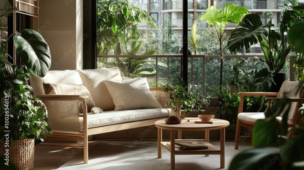 Obraz premium with clean, simple lines, light wooden furniture, and soft neutral tones, surrounded by lush green plants