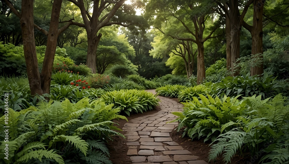 Serene pathway through lush greenery at an arboretum. Serene pathway through lush greenery at an arboretum.