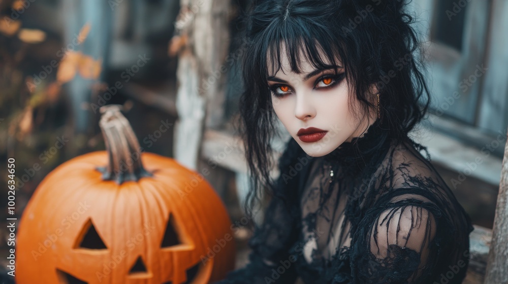 Dark Gothic Halloween Aesthetic with Pumpkins and Mysterious Girl Dark Gothic Halloween Aesthetic with Pumpkins and Mysterious Girl