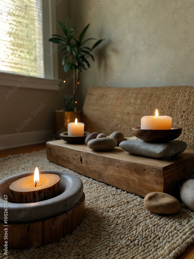 Serene Reiki meditation space with crystals and soft lighting. Serene Reiki meditation space with crystals and soft lighting.