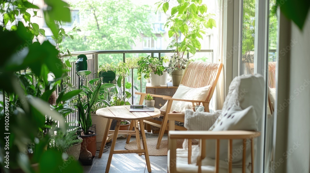 Obraz premium with clean, simple lines, light wooden furniture, and soft neutral tones, surrounded by lush green plants